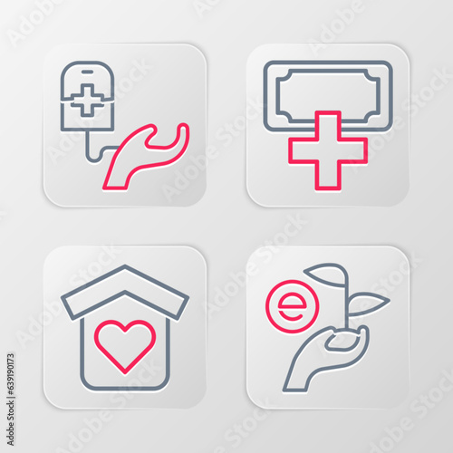 Set line Leaf in hand, Shelter for homeless, Donation charity and Blood donation icon. Vector