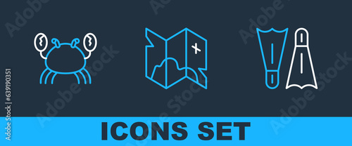 Set line Flippers for swimming, Crab and Pirate treasure map icon. Vector