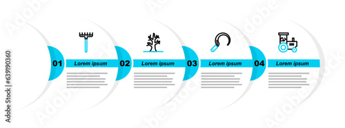 Set line Tractor, Sickle, Bare tree and Garden rake icon. Vector