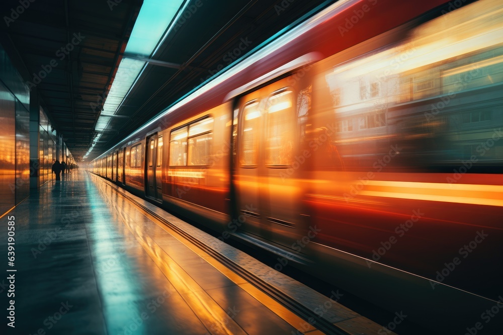 subway station in the night with a metro moving with orange and yellow light