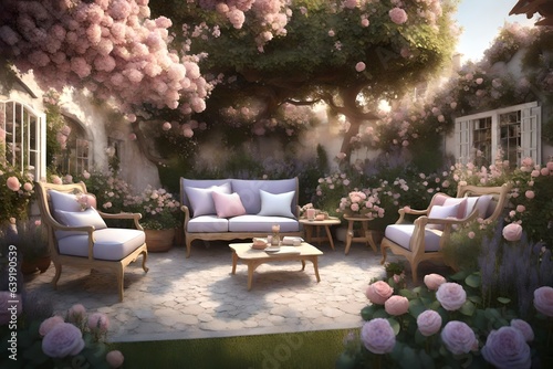  a quaint 3D rendering of a small garden with an English cottage vibe  complete with pastel-colored flowers and charming wooden furniture.