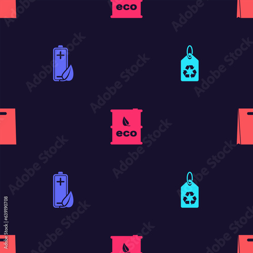 Set Tag with recycle, Eco nature leaf and battery, Bio fuel barrel and Shopping bag on seamless pattern. Vector