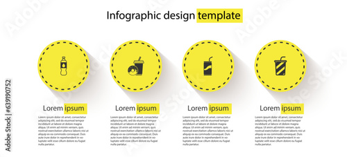 Set Bottle of water, Soda drink with donut, can drinking straw and Glass. Business infographic template. Vector
