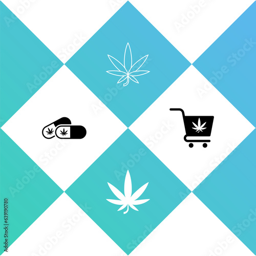 Set Medical pills with marijuana, Marijuana or cannabis leaf, and Shopping cart icon. Vector