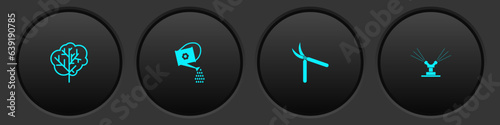 Set Tree, Watering can, Gardening handmade scissor and Automatic irrigation sprinklers icon. Vector