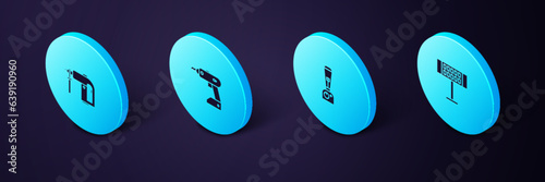 Set Isometric Electric heater, Blender, cordless screwdriver and Rotary hammer drill machine icon. Vector