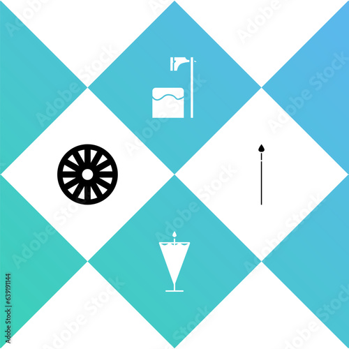 Set Old wooden wheel, Medieval flag, Executioner axe in tree block and spear icon. Vector