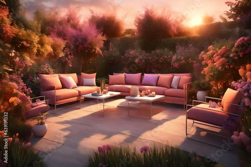 a serene 3D rendering of a small garden at sunset  featuring sofas and chairs bathed in warm and inviting hues.