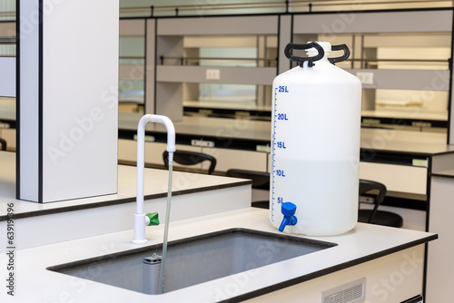 Aspirator bottle container for distilled water equipment in laboratory. 