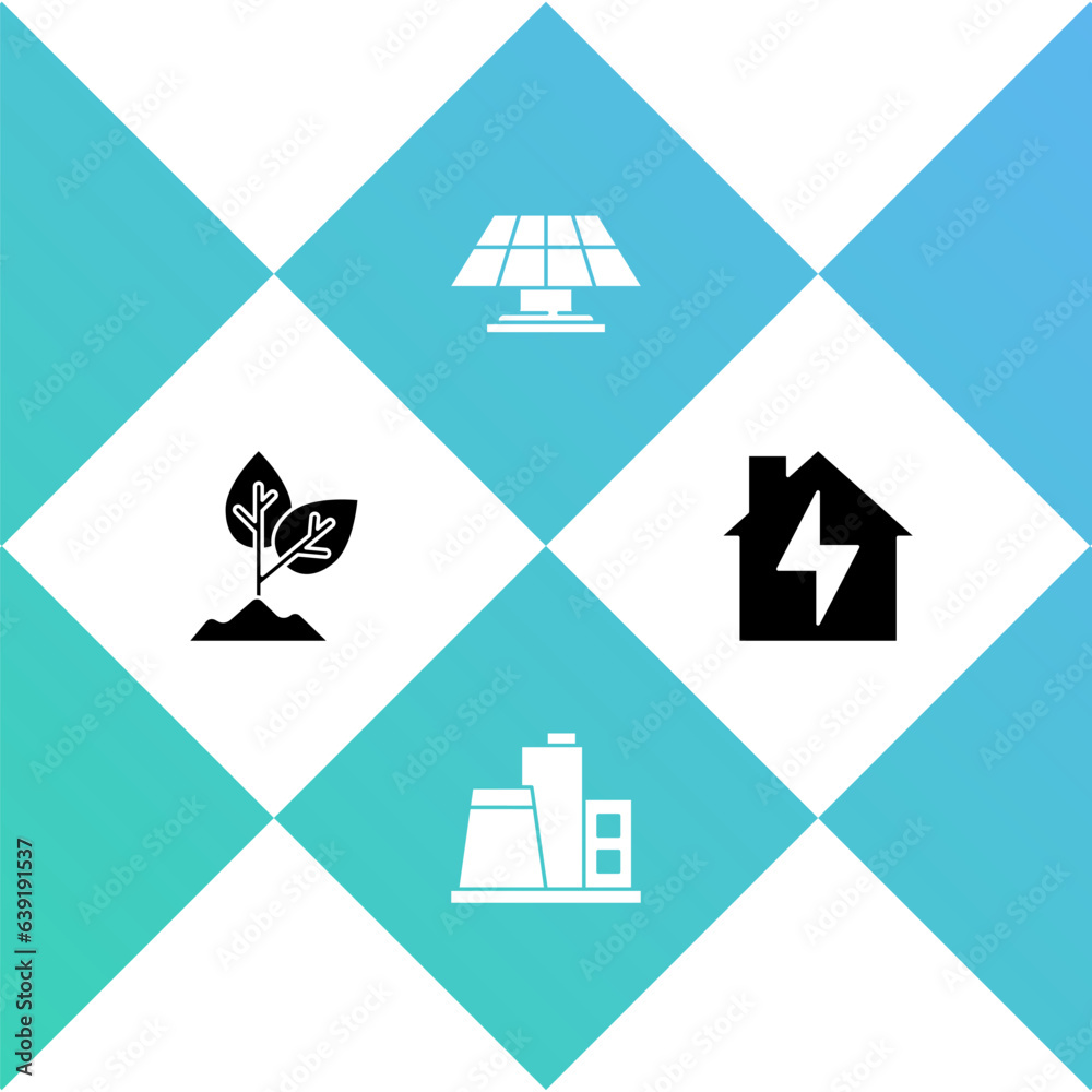 Set Plant, Factory, Solar energy panel and House and lightning icon. Vector