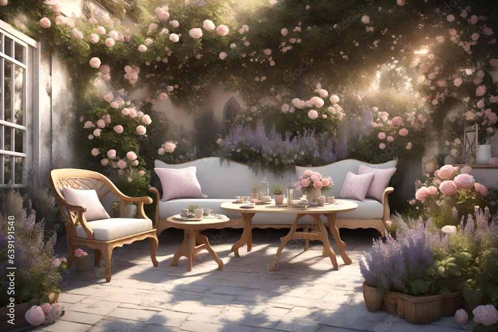  a quaint 3D rendering of a small garden with an English cottage vibe, complete with pastel-colored flowers and charming wooden furniture.