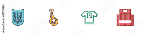 Set Ukrainian trident, Bandura, Embroidered shirt and Hotel Ukraina building icon. Vector