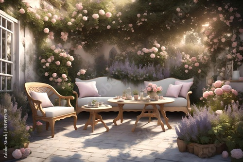  a quaint 3D rendering of a small garden with an English cottage vibe  complete with pastel-colored flowers and charming wooden furniture.