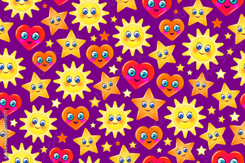 Seamless cartoon pattern. Endless repeating seamless pattern with smiling hearts, suns, and stars. Happy, positive, childish design.