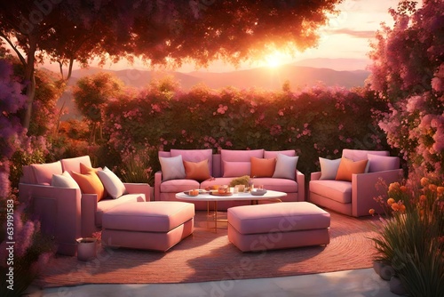 a serene 3D rendering of a small garden at sunset  featuring sofas and chairs bathed in warm and inviting hues.