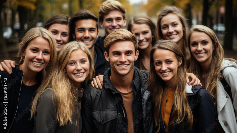 Portrait of a group of smiling yoth student friends standing together in the street. Portrait of a group of smiling yoth student friends standing together in the street.