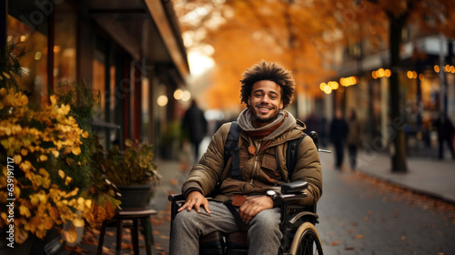 Young black man in a wheelchair on a city street with autumn leaves in the background.