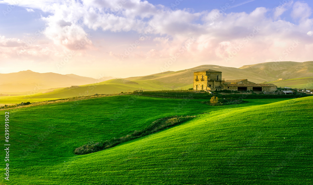 green field in countryside at sunset in the evening light. beautiful spring landscape in the mountains. grassy field and hills. rural scenery green field in countryside at sunset in the evening light. beautiful spring landscape in the mountains. grassy field and hills. rural scenery
