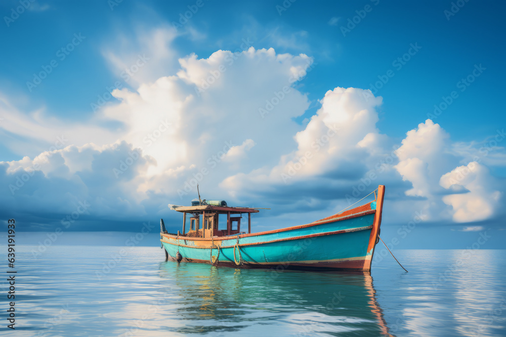 A boat in the ocean. Holiday vibes. Relaxed. Chillout. A beautiful vacation location. Tropical paradise. Overseas holiday. Perfect weather.