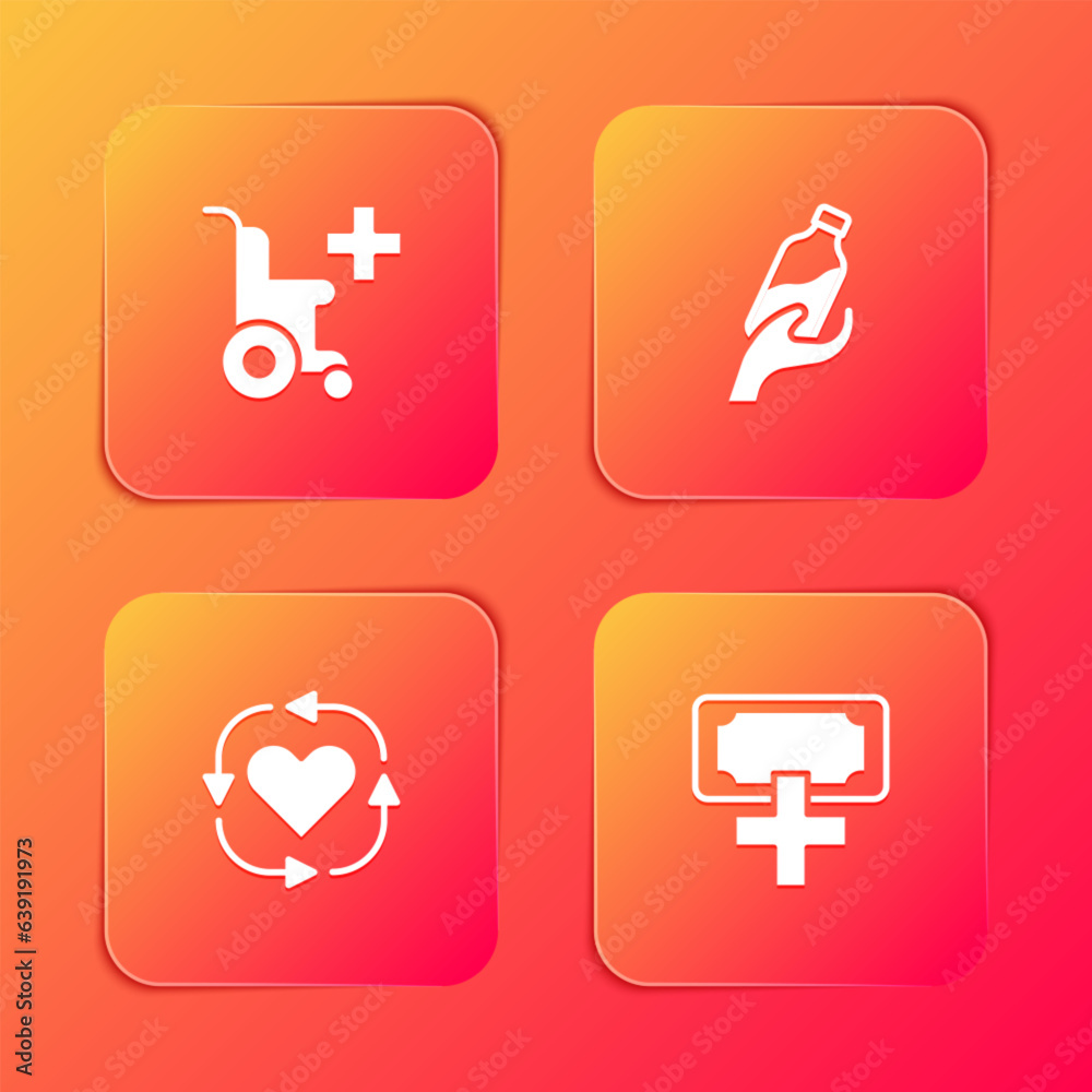 Set Wheelchair for disabled person, Donation water, Volunteer and and charity icon. Vector