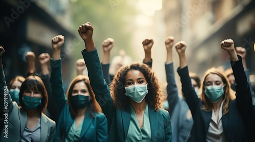 Group of business people wearing protective face masks and raising their hands in city.