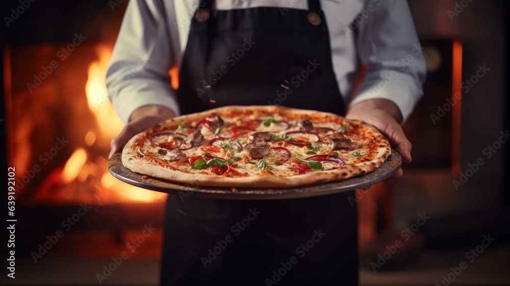 Chef hands holding a pizza on blurred background. Cook chef making delicious pizza at the restaurant.