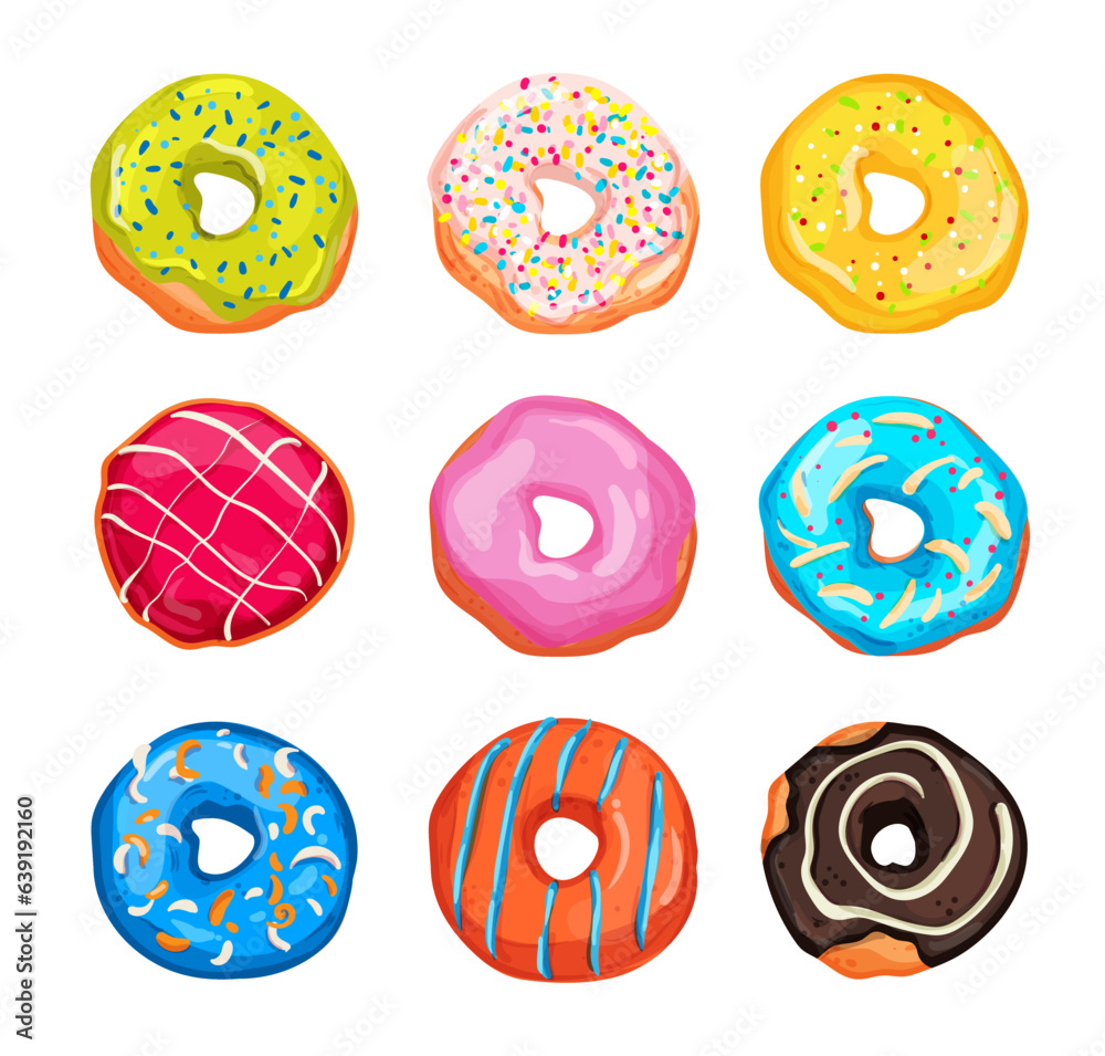 Collection of vector illustrations of bright and appetizing donuts Collection of vector illustrations of bright and appetizing donuts