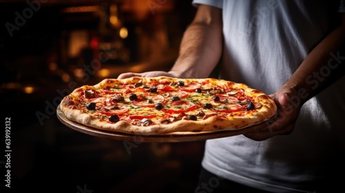 Chef hands holding a pizza on blurred background. Cook chef making delicious pizza at the restaurant.