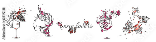 Wine designs for wine lovers. Sketch vector illustration. Hand drawn elements for invitation cards, advertising banner and menu cards. Splashing wine.