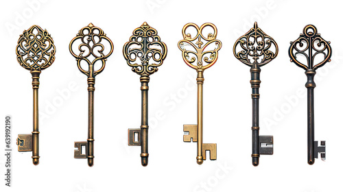 Different old ancient keys isolated on white created with Generative AI
