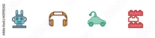 Set Robot toy, Headphones, Radio controlled car and Toy building block bricks icon. Vector