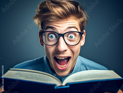 Young nerd man with amazed expression with wide eyes and mouth while reading a book