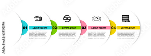 Set line Solar energy panel and battery, Chain link line, Hydrogen car and Customer care server. Business infographic template. Vector