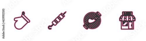 Set line Oven glove, Barbecue grill with steak, Grilled shish kebab and shopping building icon. Vector
