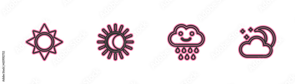 Set line Sun, Cloud with rain, Eclipse of the sun and moon and stars icon. Vector