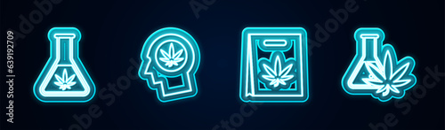 Set line Test tube with marijuana, Head in profile, Shopping bag and . Glowing neon icon. Vector