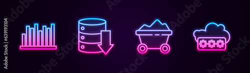 Set line Pie chart infographic, Server, Data, Web Hosting, Coal mine trolley and Password protection. Glowing neon icon. Vector