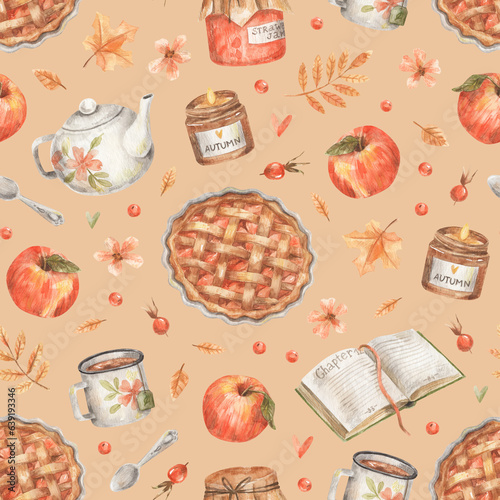 Autumn seamless pattern on orange background. Watercolor hand-drawn texture with autumn illustrations - apple, pie, teapot, mug, book, jam and candle. Pattern for wrapping paper or textile