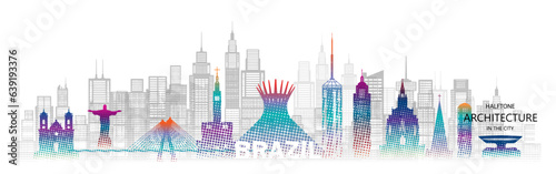 Travel landmark architecture silhouette in Brazil with colorful halftone style.