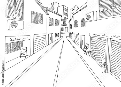 City road street graphic black white cityscape skyline sketch illustration vector 