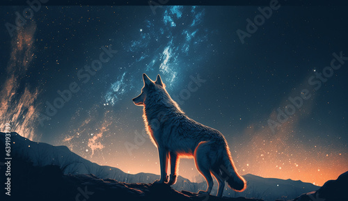 wolf on the background of the starry sky. Generative AI © Артур Комис