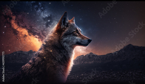 wolf on the background of the starry sky. Generative AI photo