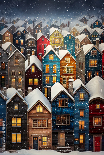 Generative AI drawing illustration of nordic houses on a snowing day.