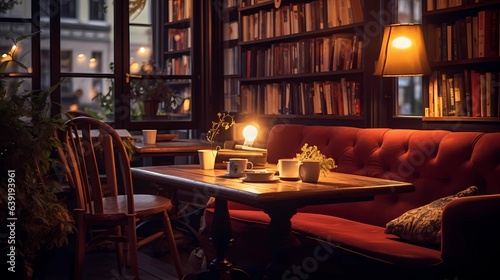 A cozy corner in a coffee shop adorned with warm lighting and comfy seating. cozy, lighting, ambiance, comfort, coffee shop. AI generated.