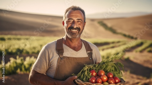 Middle eastern farmer with harvest. Beautiful illustration picture. Generative AI