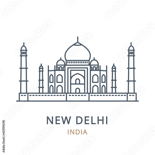 Vector illustration of NEW DELHI in the country of INDIA. Linear icon of the famous, modern city symbol. Cityscape outline line icon of city landmark on a white background