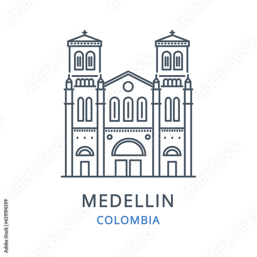 Vector illustration of MEDELLIN in the country of COLOMBIA. Linear icon of the famous, modern city symbol. Cityscape outline line icon of city landmark on a white background