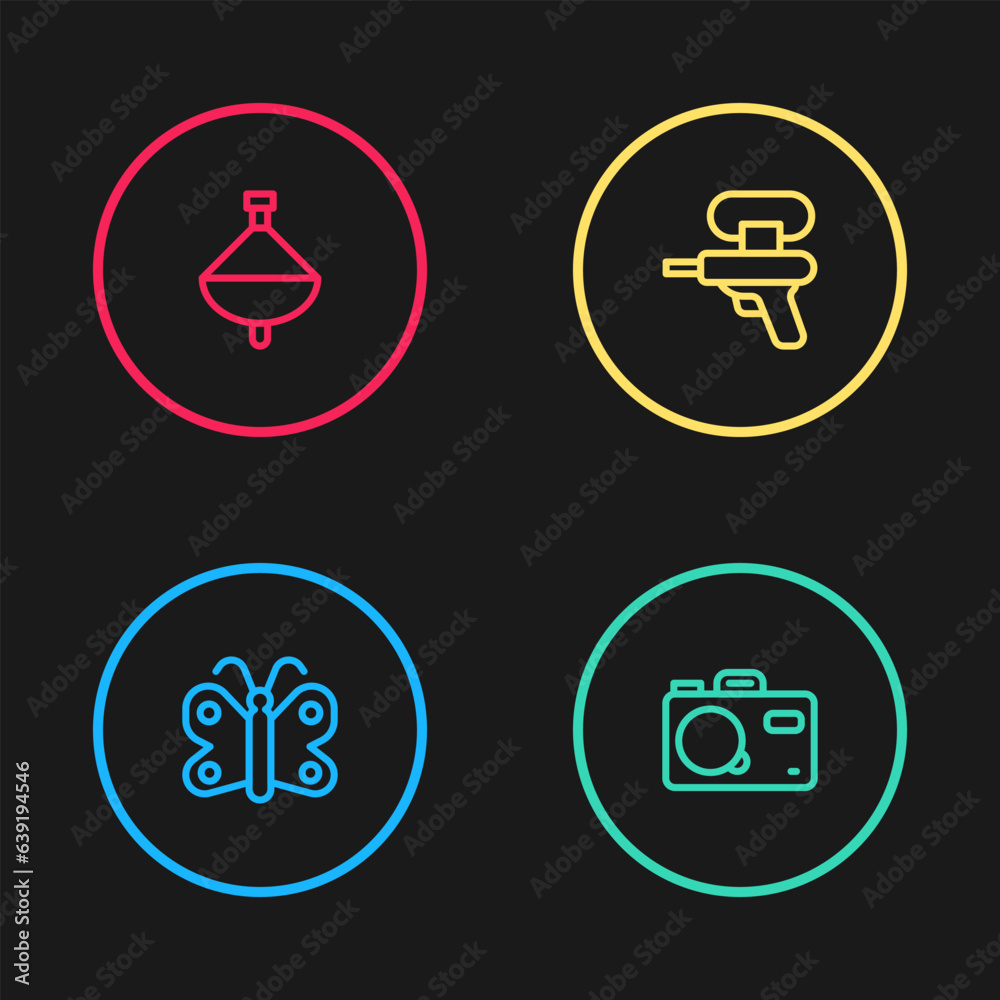 Set line Butterfly, Photo camera, Water gun and Whirligig toy icon. Vector