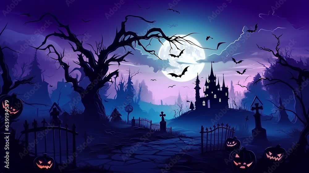 A Halloween background sets a spooky scene with shadows of bats and the glow of a full moon