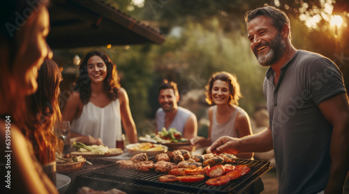 Barbecue cooking friends enjoying the food and company.